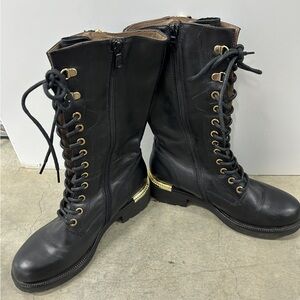 Nero Giardini Dual-Zip Tall Leather Combat Booties Black Leather Gold Detail